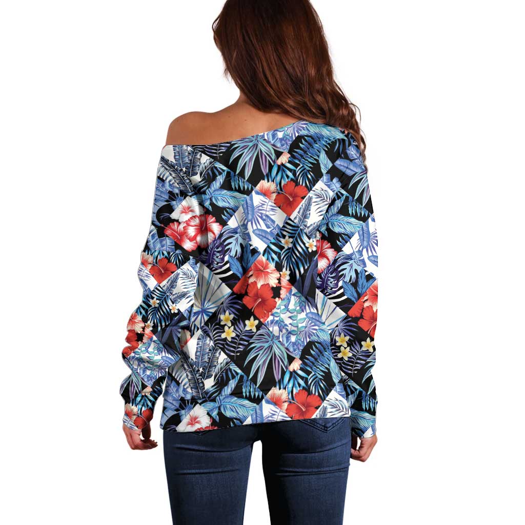 Hawaii Tropicana Blue Pattern Off Shoulder Sweater - Polynesian Pride