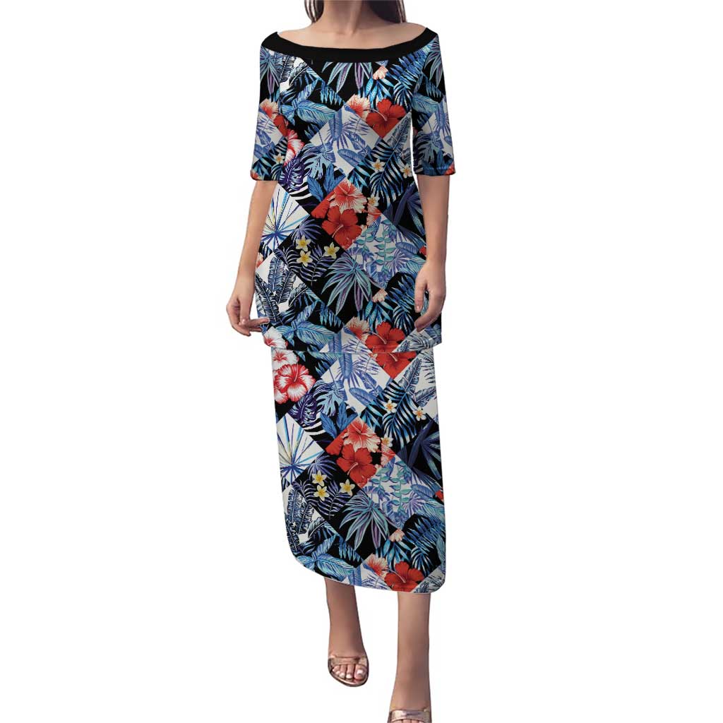 Hawaii Tropicana Blue Pattern Puletasi LT01 Long Dress Blue - Polynesian Pride