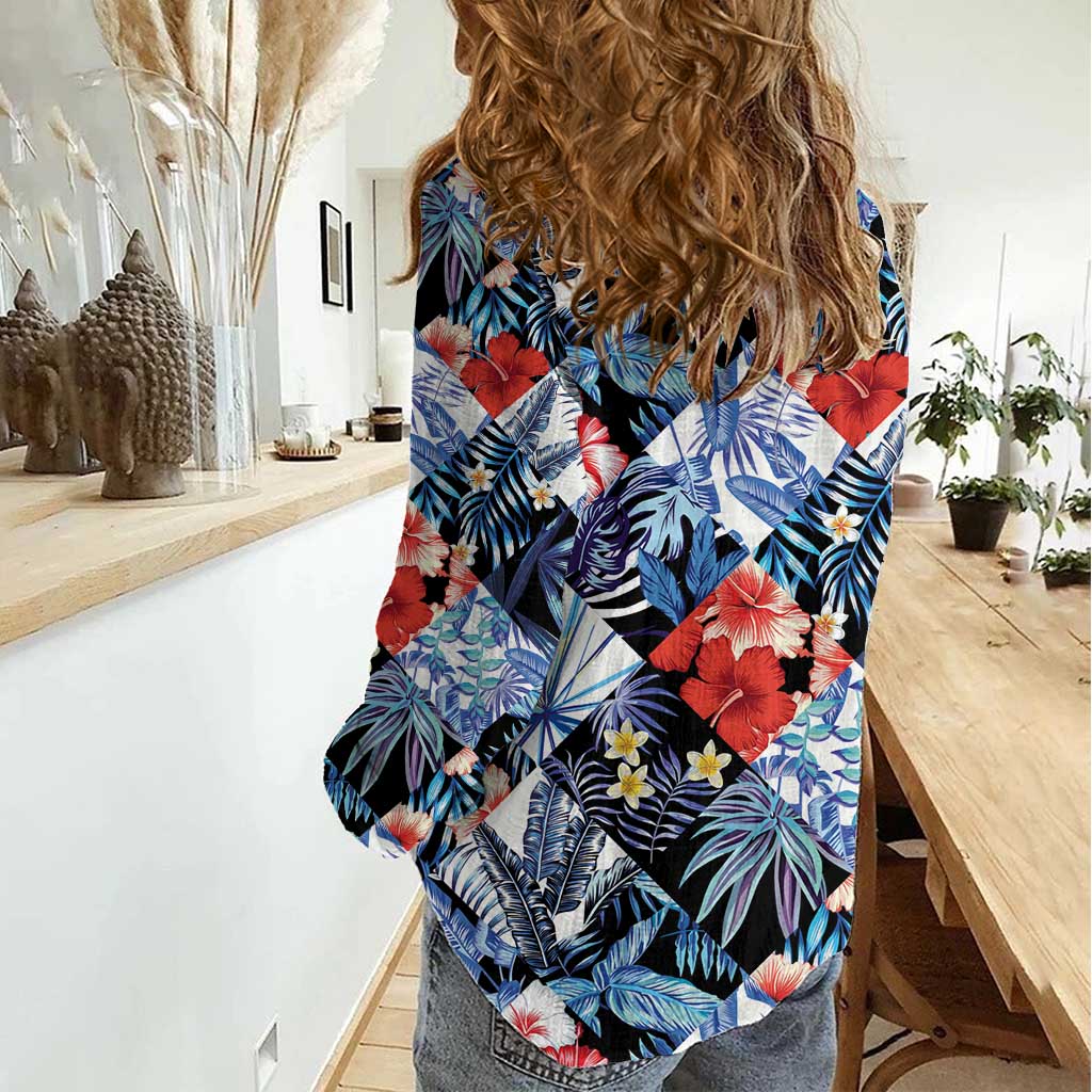 Hawaii Tropicana Blue Pattern Women Casual Shirt - Polynesian Pride