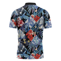 Hawaii Tropicana Blue Pattern Zipper Polo Shirt - Polynesian Pride