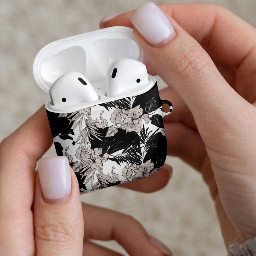 Black White Monotone Tropical Flowers Pattern AirPods Case - Polynesian Pride