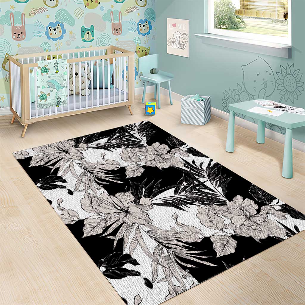 Black White Monotone Tropical Flowers Pattern Area Rug - Polynesian Pride