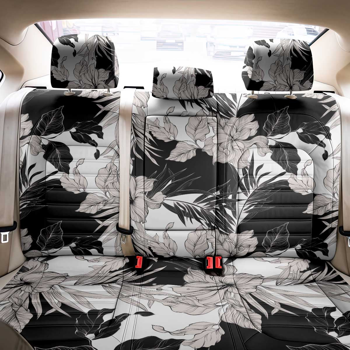 Black White Monotone Tropical Flowers Pattern Back Car Seat Cover - Polynesian Pride