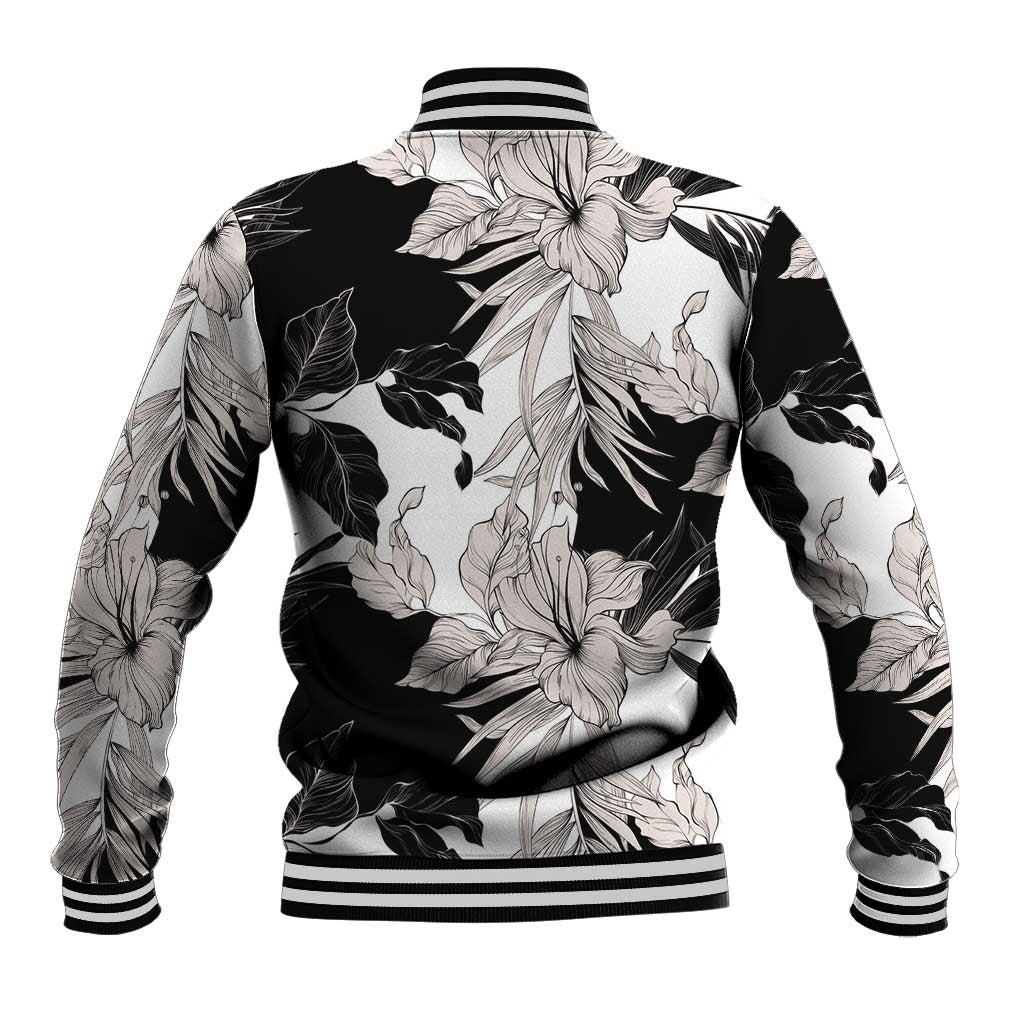 Black White Monotone Tropical Flowers Pattern Baseball Jacket - Polynesian Pride