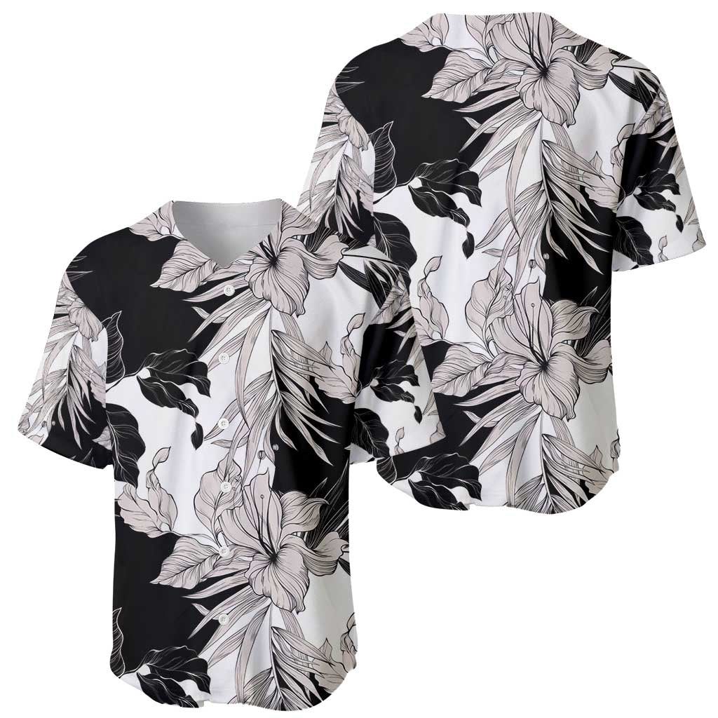 Black White Monotone Tropical Flowers Pattern Baseball Jersey - Polynesian Pride