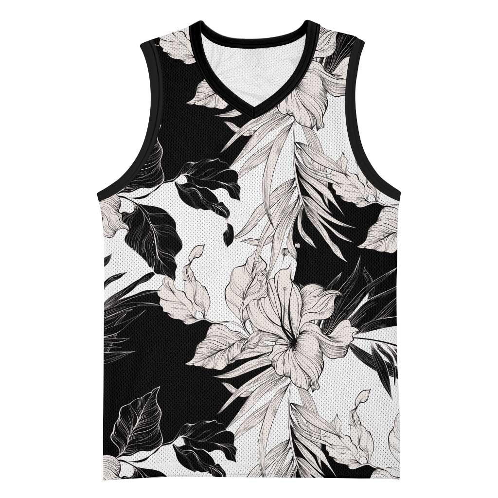 Black White Monotone Tropical Flowers Pattern Basketball Jersey - Polynesian Pride