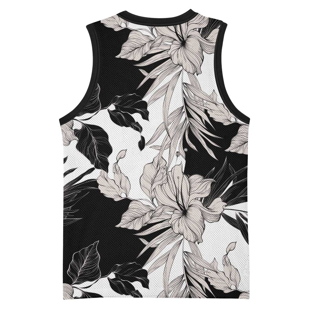 Black White Monotone Tropical Flowers Pattern Basketball Jersey - Polynesian Pride