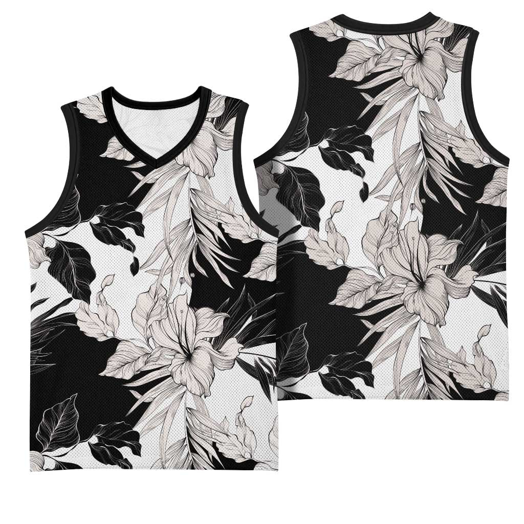 Black White Monotone Tropical Flowers Pattern Basketball Jersey - Polynesian Pride