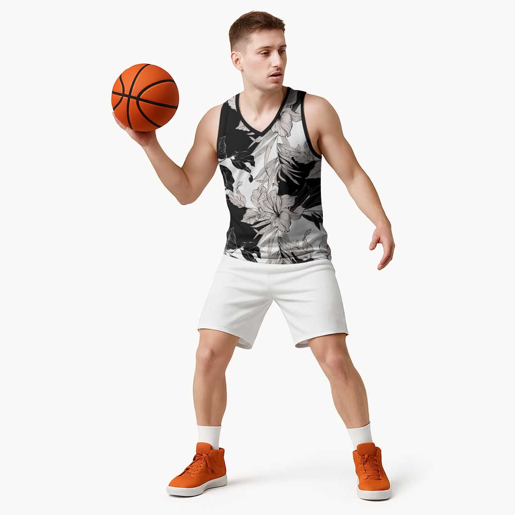Black White Monotone Tropical Flowers Pattern Basketball Jersey - Polynesian Pride