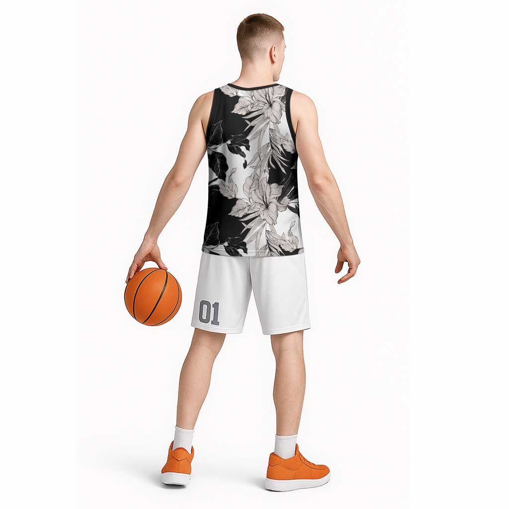 Black White Monotone Tropical Flowers Pattern Basketball Jersey - Polynesian Pride