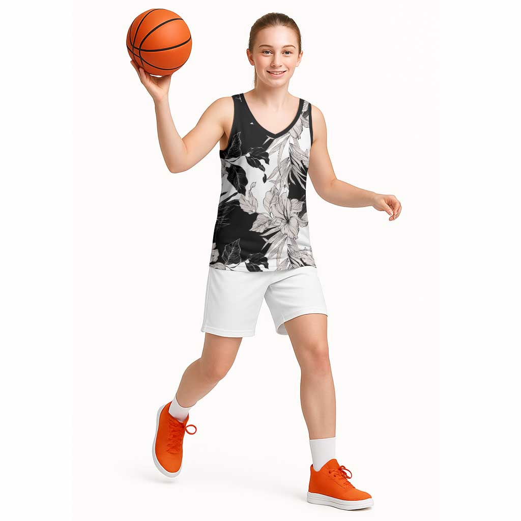 Black White Monotone Tropical Flowers Pattern Basketball Jersey - Polynesian Pride