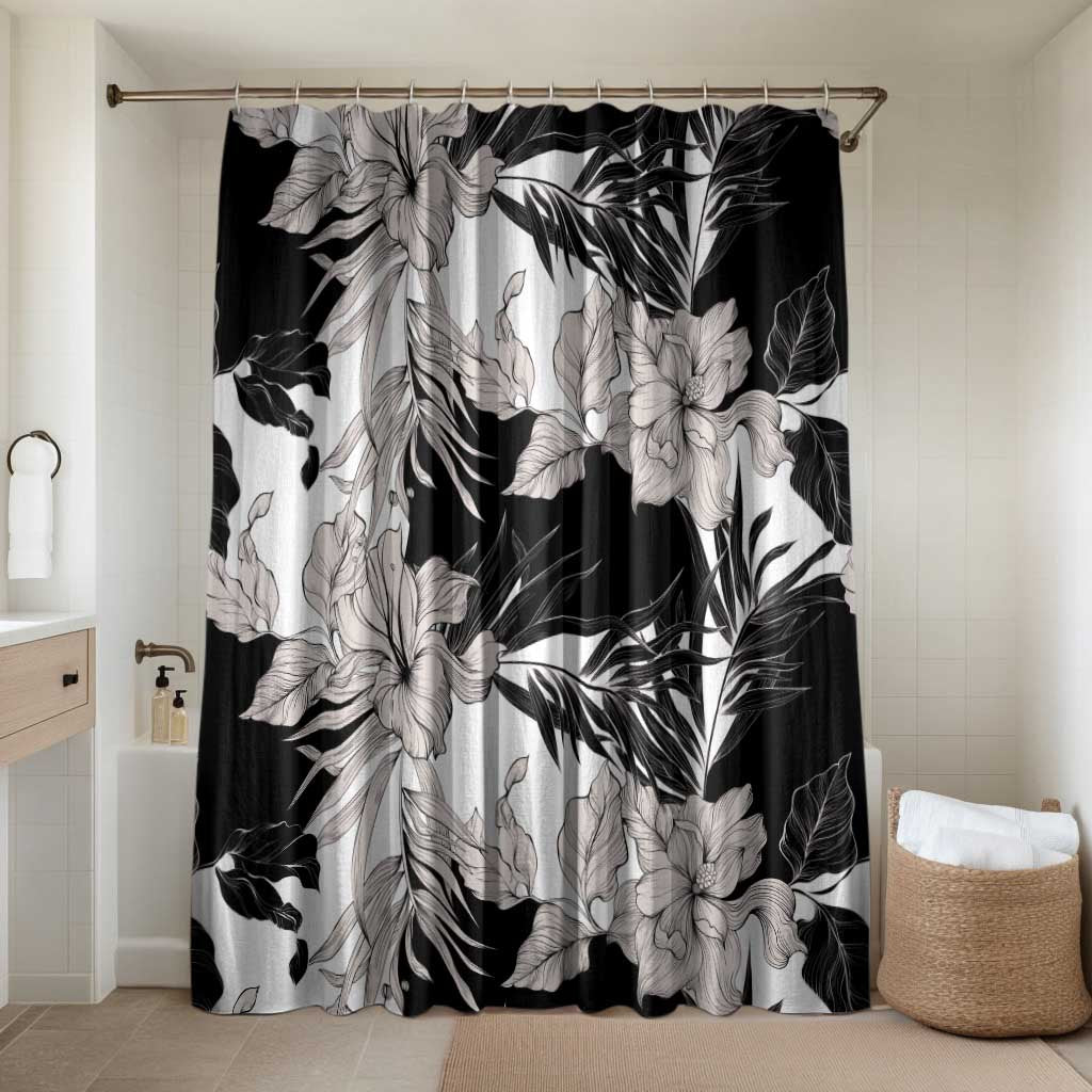 Black White Monotone Tropical Flowers Pattern Bathroom Set - Polynesian Pride