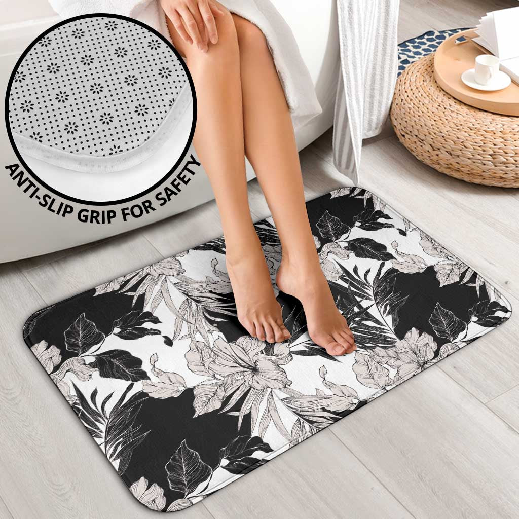 Black White Monotone Tropical Flowers Pattern Bathroom Set - Polynesian Pride