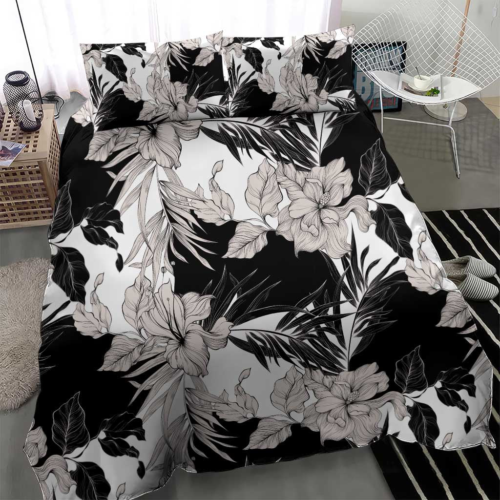 Black White Monotone Tropical Flowers Pattern Bedding Set - Polynesian Pride