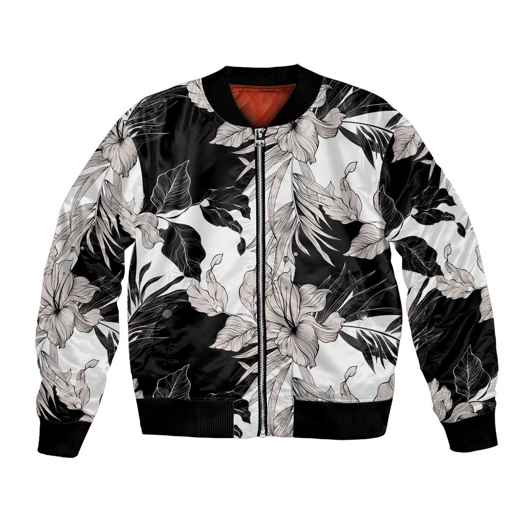 Black White Monotone Tropical Flowers Pattern Bomber Jacket LT01 Unisex Black - Polynesian Pride