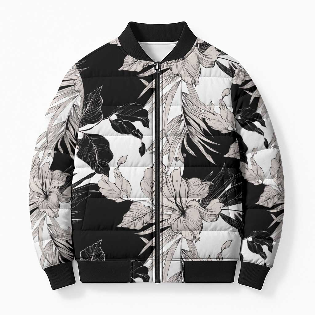 Black White Monotone Tropical Flowers Pattern Bomber Puffer Jacket - Polynesian Pride