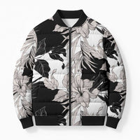 Black White Monotone Tropical Flowers Pattern Bomber Puffer Jacket - Polynesian Pride
