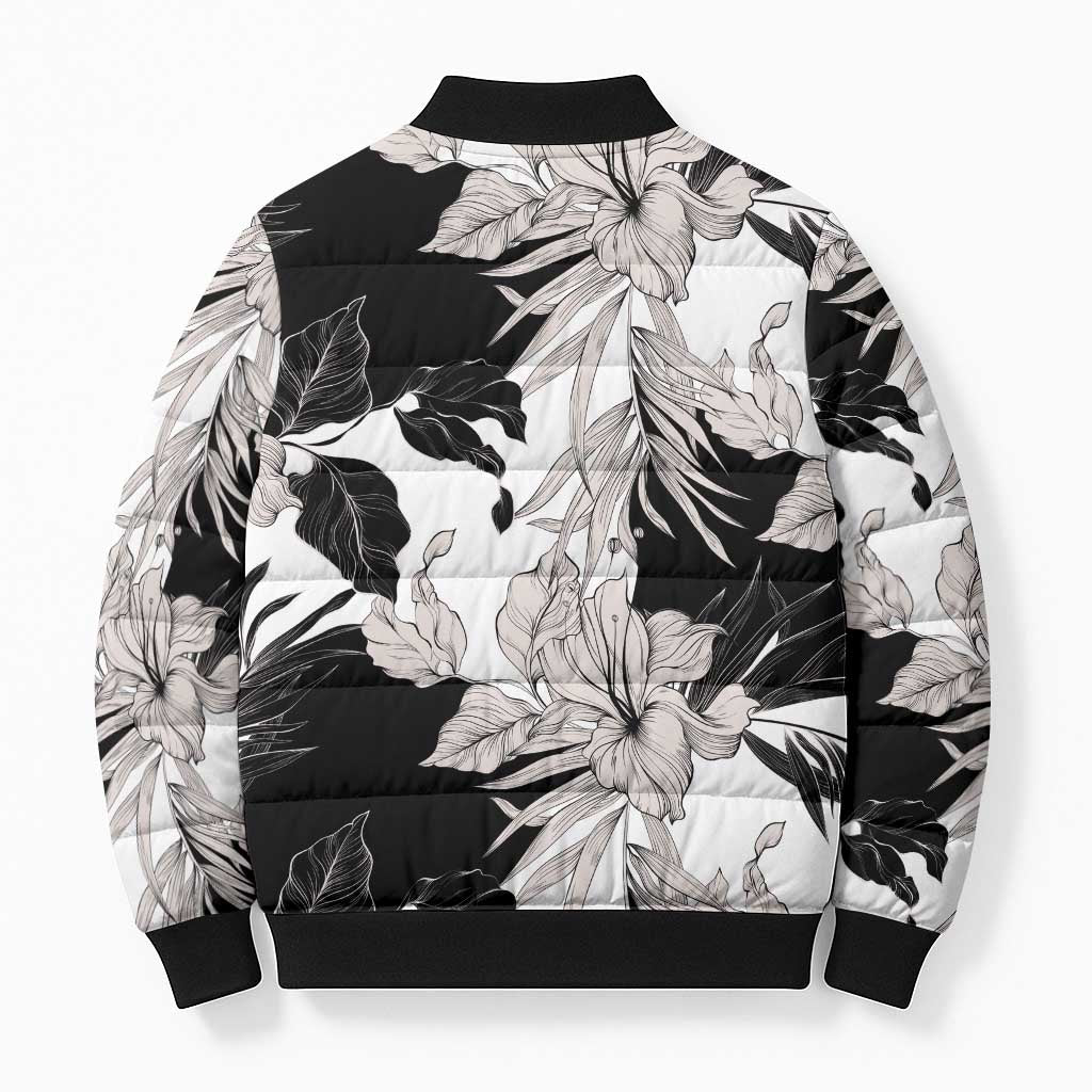 Black White Monotone Tropical Flowers Pattern Bomber Puffer Jacket - Polynesian Pride