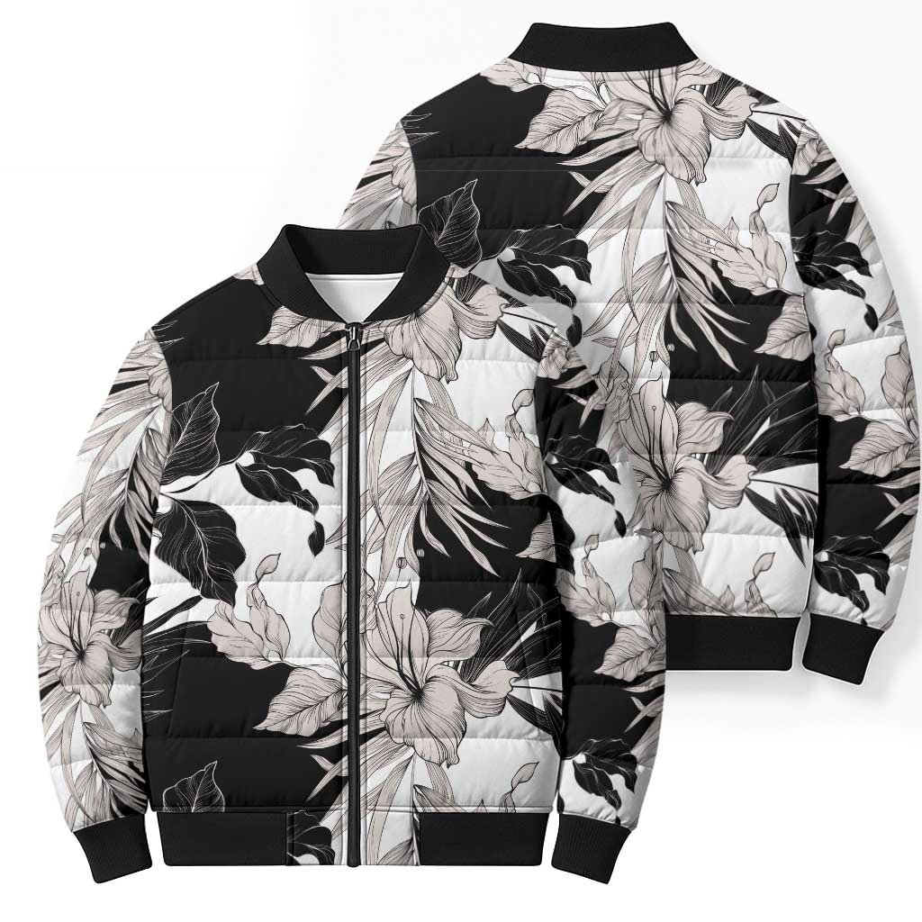 Black White Monotone Tropical Flowers Pattern Bomber Puffer Jacket - Polynesian Pride
