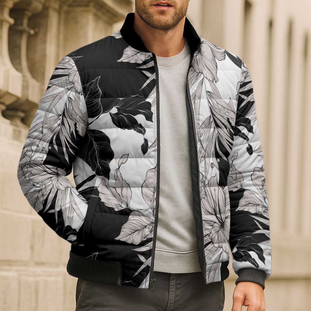 Black White Monotone Tropical Flowers Pattern Bomber Puffer Jacket - Polynesian Pride