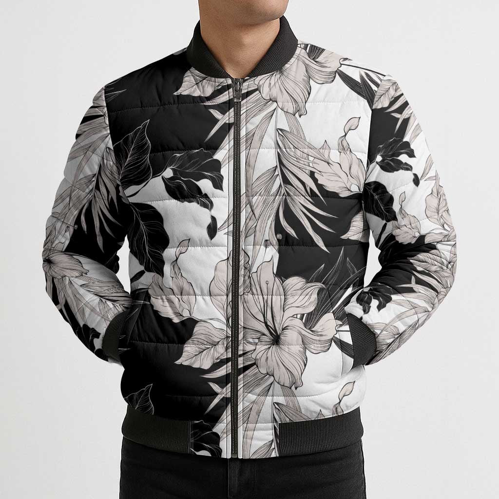 Black White Monotone Tropical Flowers Pattern Bomber Puffer Jacket - Polynesian Pride
