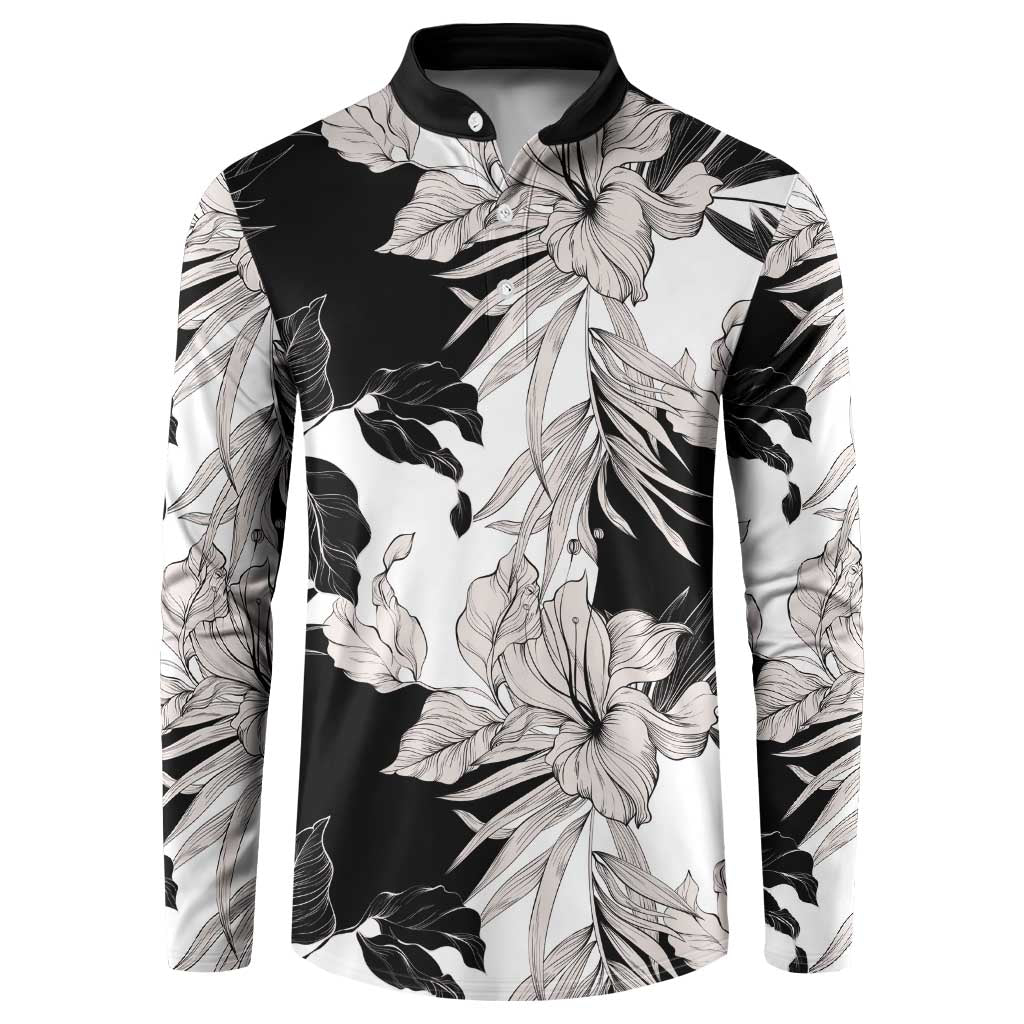 Black White Monotone Tropical Flowers Pattern Button Sweatshirt - Polynesian Pride