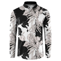 Black White Monotone Tropical Flowers Pattern Button Sweatshirt - Polynesian Pride