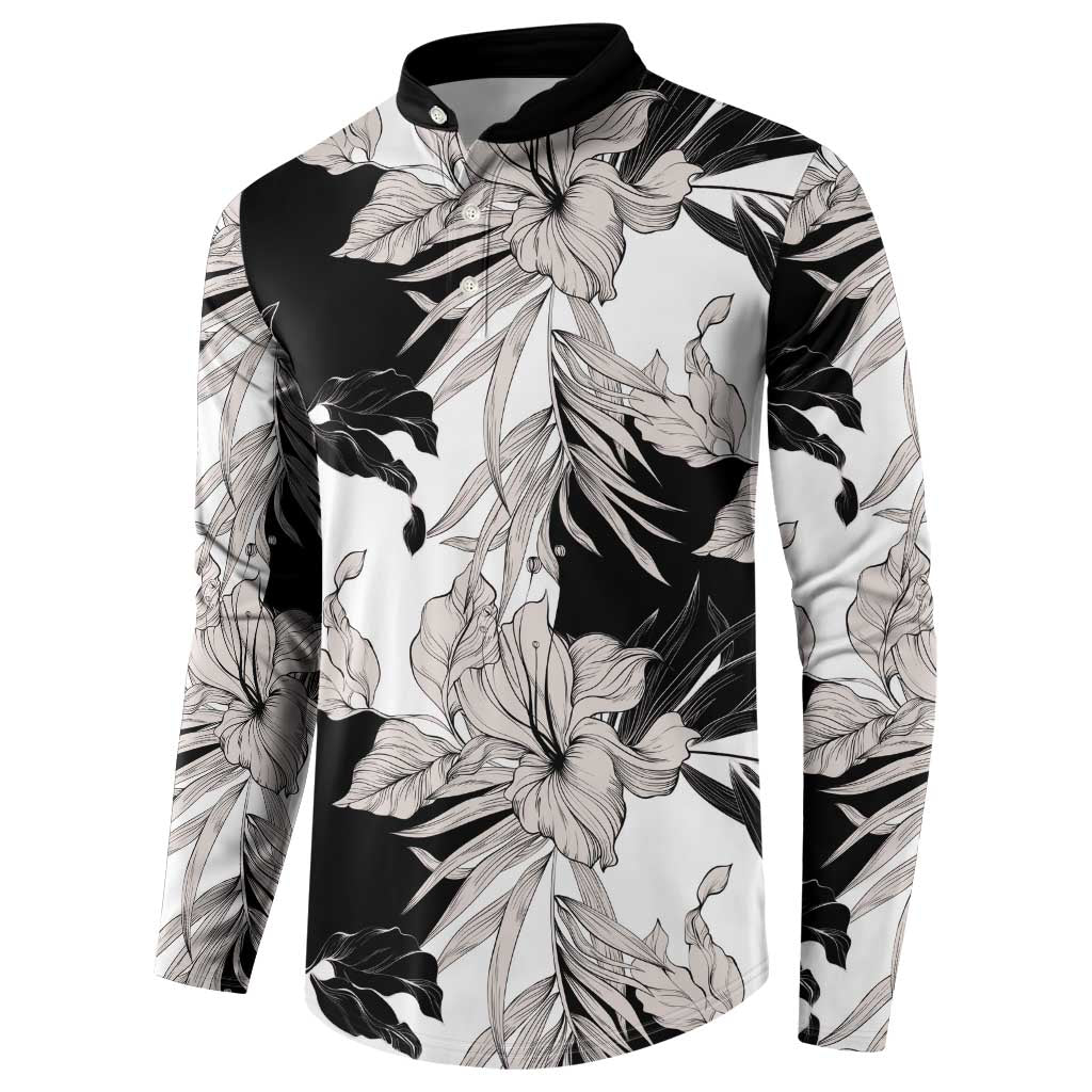 Black White Monotone Tropical Flowers Pattern Button Sweatshirt - Polynesian Pride