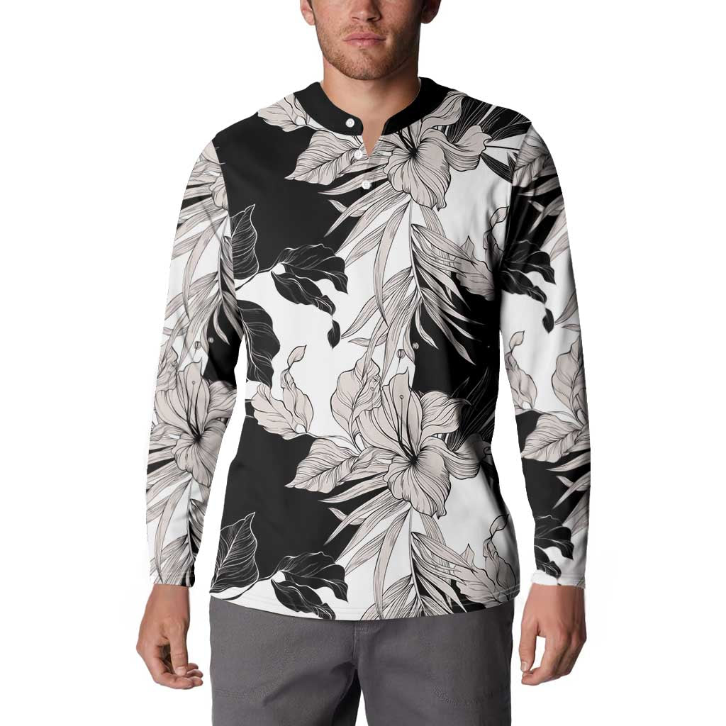 Black White Monotone Tropical Flowers Pattern Button Sweatshirt - Polynesian Pride