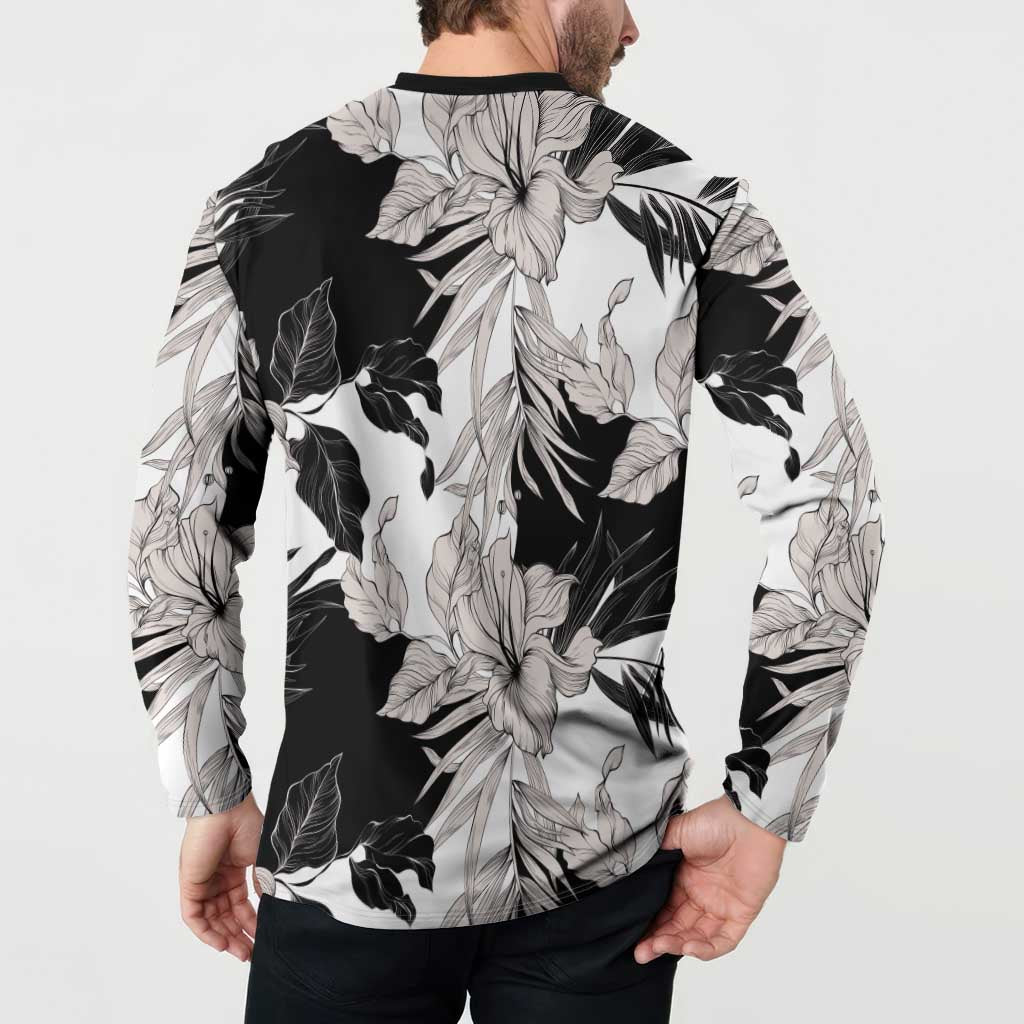Black White Monotone Tropical Flowers Pattern Button Sweatshirt - Polynesian Pride