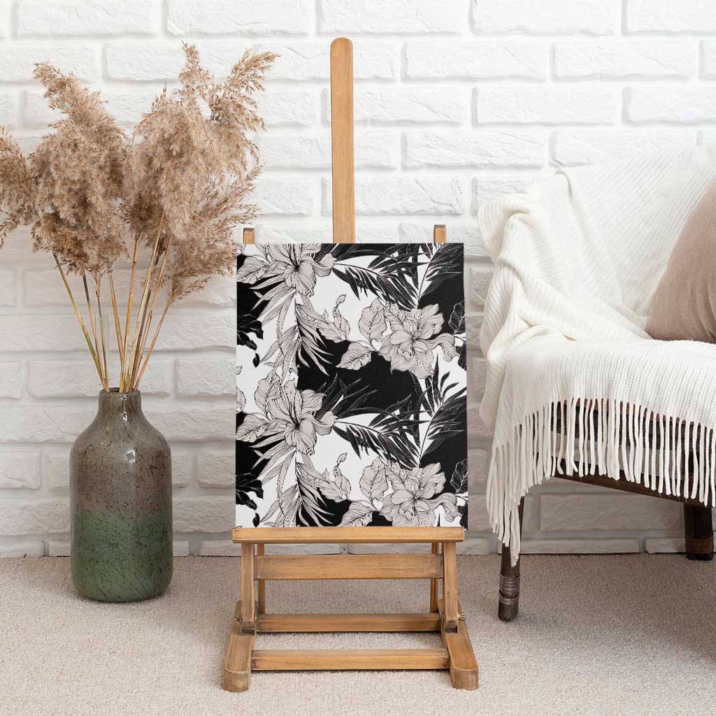 Black White Monotone Tropical Flowers Pattern Canvas Wall Art - Polynesian Pride