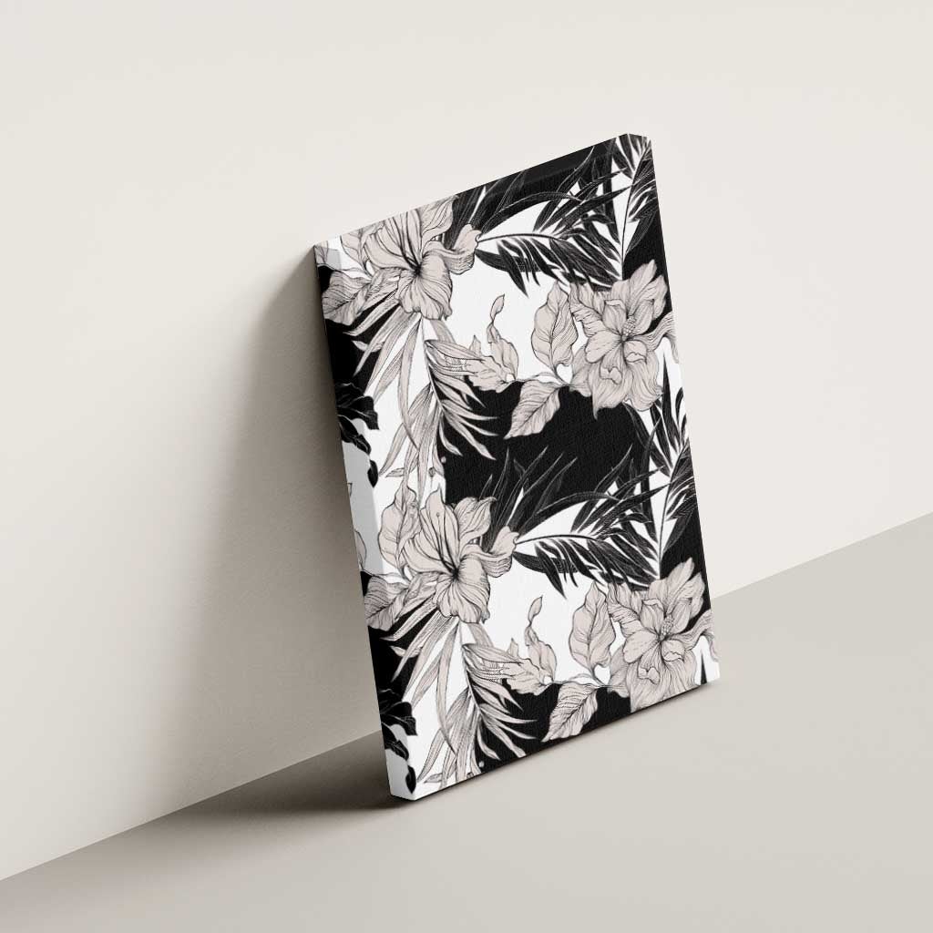 Black White Monotone Tropical Flowers Pattern Canvas Wall Art - Polynesian Pride