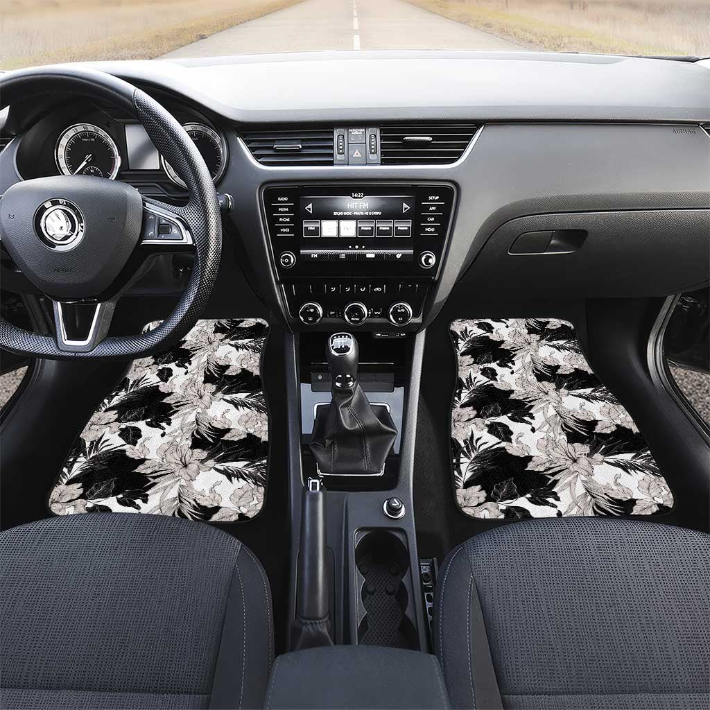 Black White Monotone Tropical Flowers Pattern Car Mats - Polynesian Pride