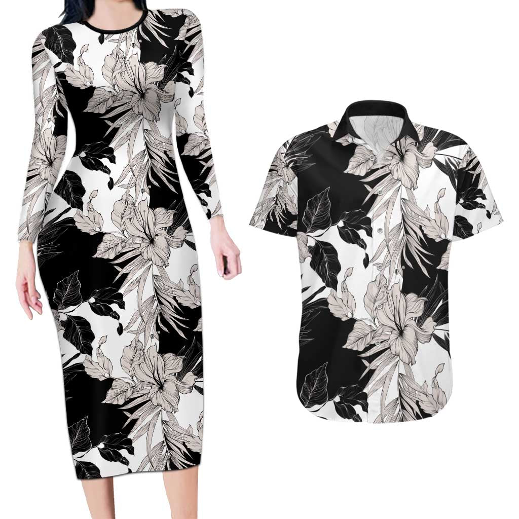 Black White Monotone Tropical Flowers Pattern Couples Matching Long Sleeve Bodycon Dress and Hawaiian Shirt - Polynesian Pride