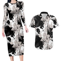 Black White Monotone Tropical Flowers Pattern Couples Matching Long Sleeve Bodycon Dress and Hawaiian Shirt - Polynesian Pride
