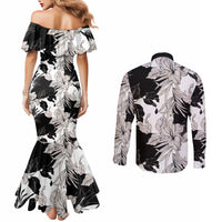 Black White Monotone Tropical Flowers Pattern Couples Matching Mermaid Dress and Long Sleeve Button Shirt - Polynesian Pride