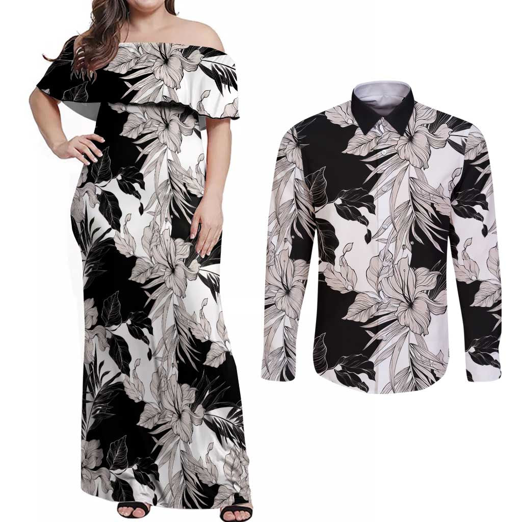 Black White Monotone Tropical Flowers Pattern Couples Matching Off Shoulder Maxi Dress and Long Sleeve Button Shirt - Polynesian Pride