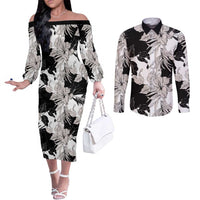 Black White Monotone Tropical Flowers Pattern Couples Matching Off The Shoulder Long Sleeve Dress and Long Sleeve Button Shirt - Polynesian Pride