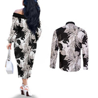 Black White Monotone Tropical Flowers Pattern Couples Matching Off The Shoulder Long Sleeve Dress and Long Sleeve Button Shirt - Polynesian Pride