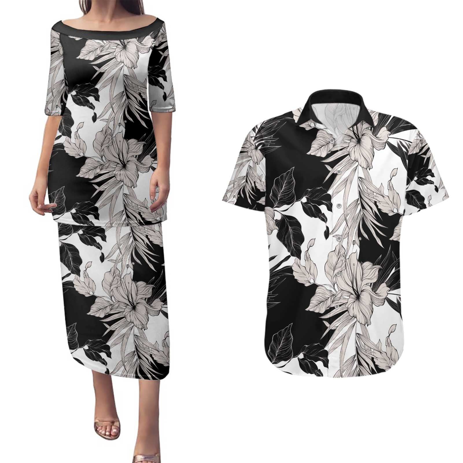Black White Monotone Tropical Flowers Pattern Couples Matching Puletasi and Hawaiian Shirt - Polynesian Pride