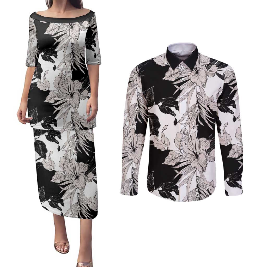 Black White Monotone Tropical Flowers Pattern Couples Matching Puletasi and Long Sleeve Button Shirt - Polynesian Pride