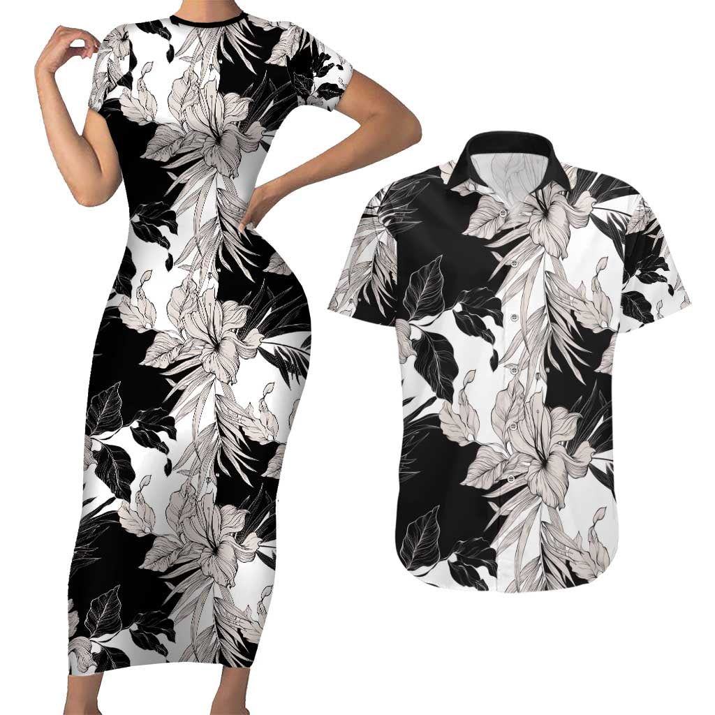 Black White Monotone Tropical Flowers Pattern Couples Matching Short Sleeve Bodycon Dress and Hawaiian Shirt - Polynesian Pride