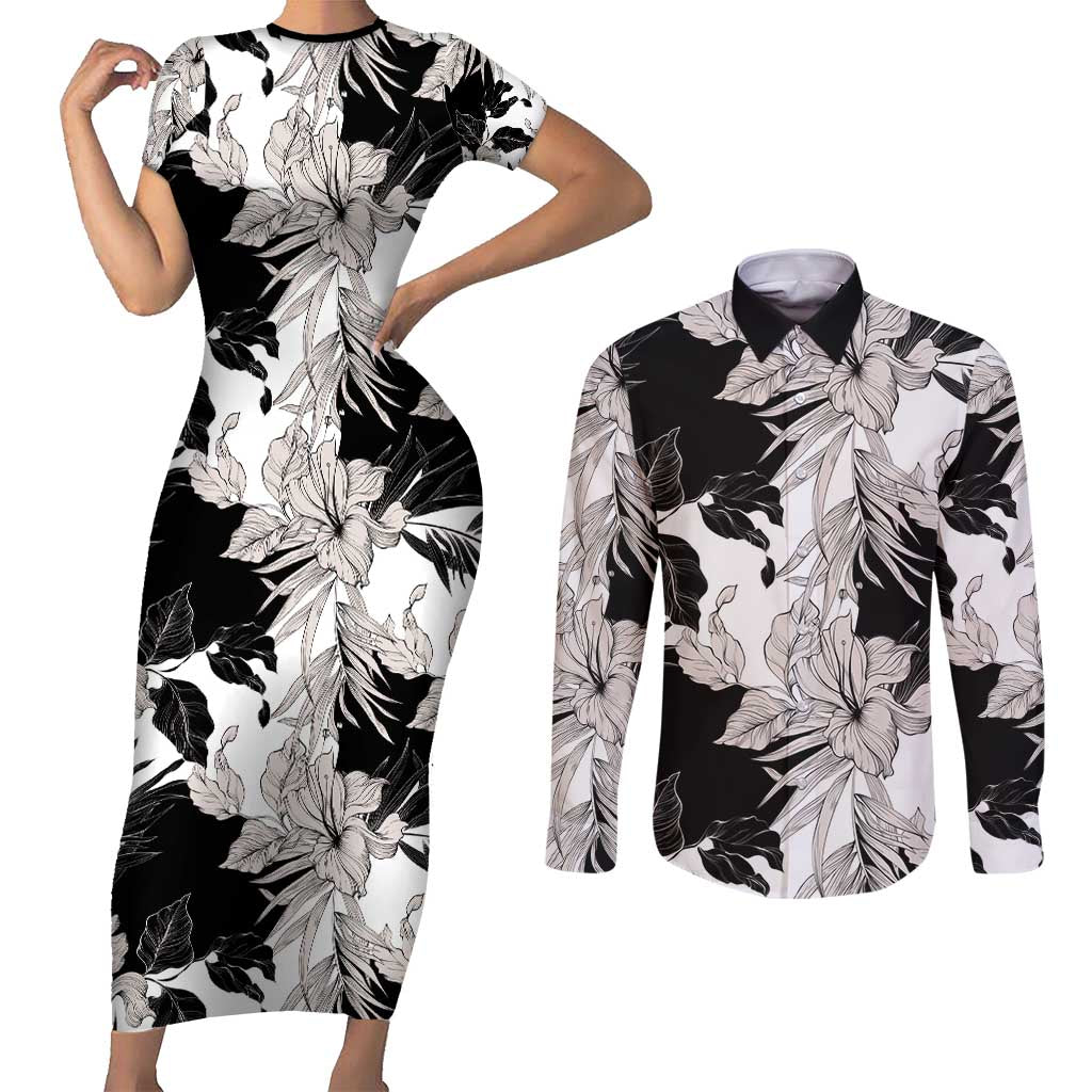 Black White Monotone Tropical Flowers Pattern Couples Matching Short Sleeve Bodycon Dress and Long Sleeve Button Shirt - Polynesian Pride