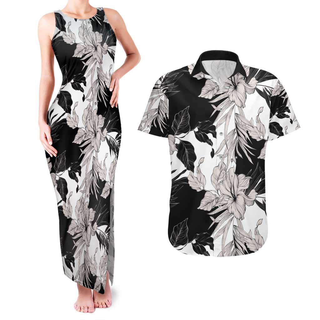 Black White Monotone Tropical Flowers Pattern Couples Matching Tank Maxi Dress and Hawaiian Shirt - Polynesian Pride