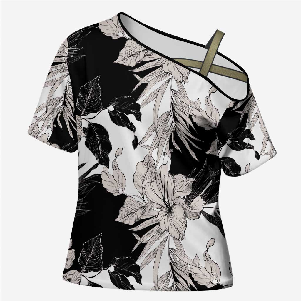 Black White Monotone Tropical Flowers Pattern Cross Shoulder Shirt - Polynesian Pride