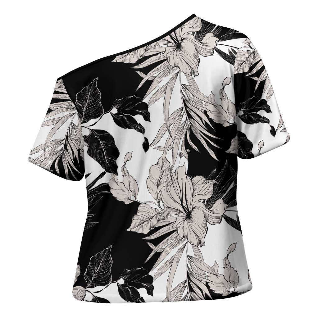 Black White Monotone Tropical Flowers Pattern Cross Shoulder Shirt - Polynesian Pride