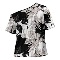 Black White Monotone Tropical Flowers Pattern Cross Shoulder Shirt - Polynesian Pride