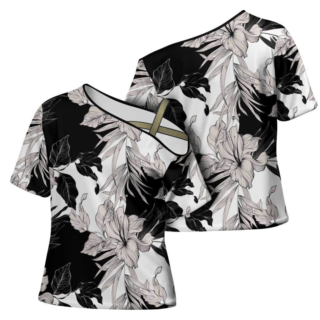 Black White Monotone Tropical Flowers Pattern Cross Shoulder Shirt - Polynesian Pride
