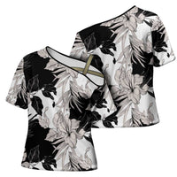 Black White Monotone Tropical Flowers Pattern Cross Shoulder Shirt - Polynesian Pride