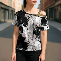 Black White Monotone Tropical Flowers Pattern Cross Shoulder Shirt - Polynesian Pride